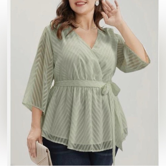 BloomChic Tops - Bloomchic Geometric Mesh Surplice Neck Belted Ruffles Blouse